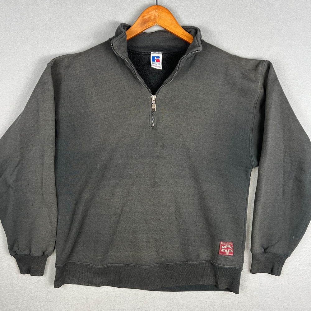 VTG Russell Athletic 1/4 Zip Sweatshirt Fits M Fader Black Distressed 1990s USA
